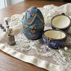 Pair of Ornate embossed Egg Heart Hinged Trinket boxes